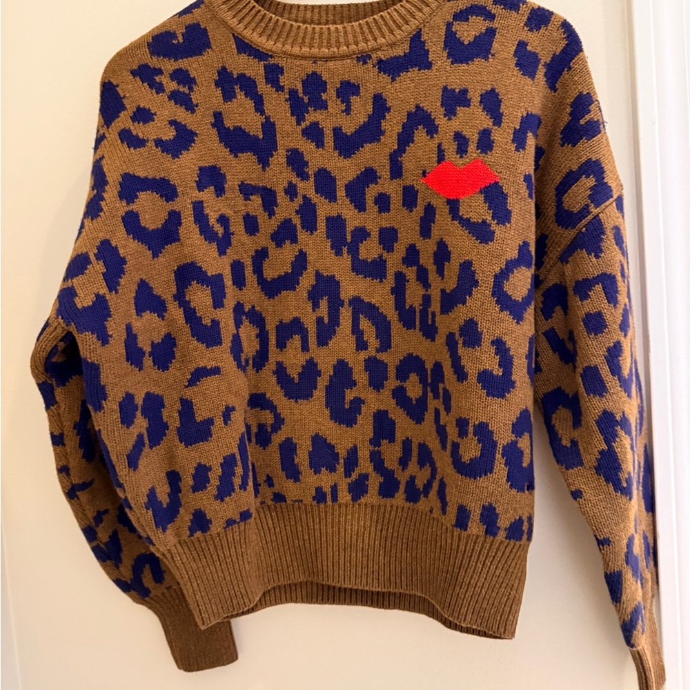 Clare V Brown and Blue Leopard Print Crewneck Sweater with Red Lip Accent